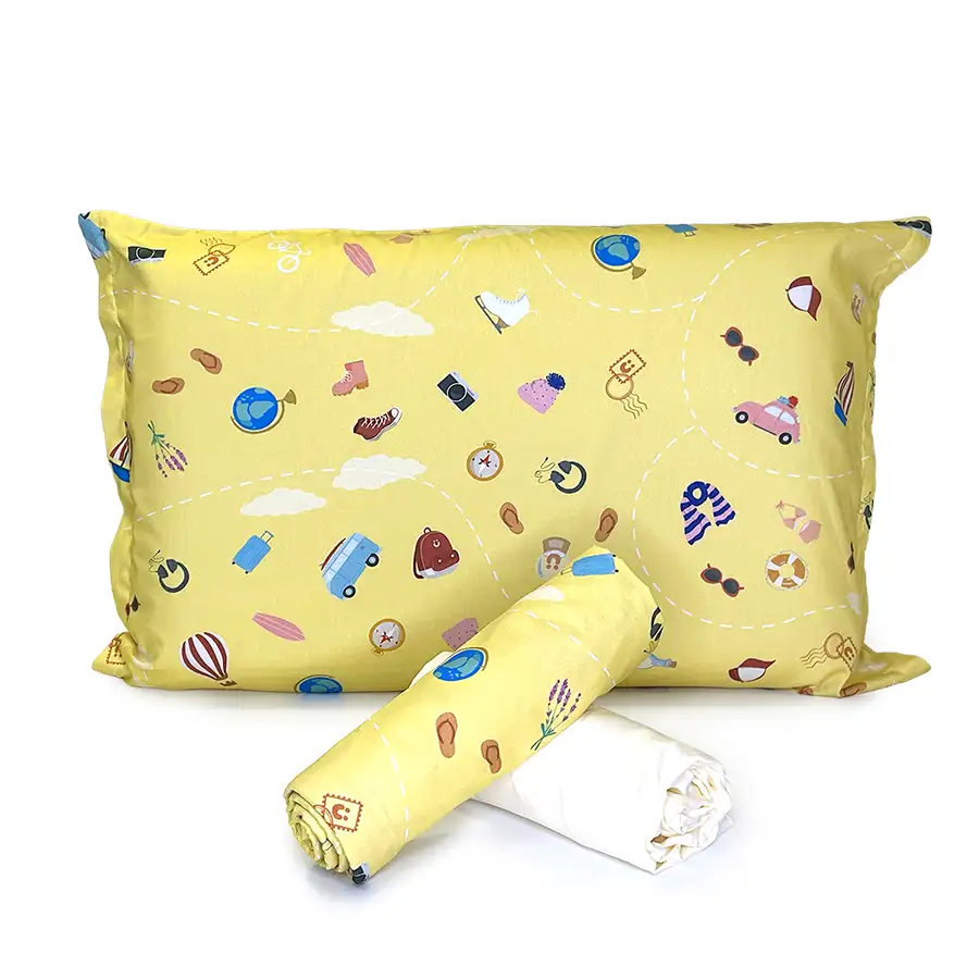 Jogo de Cama Viagem Amarelo com Lençol de Elástico Off White