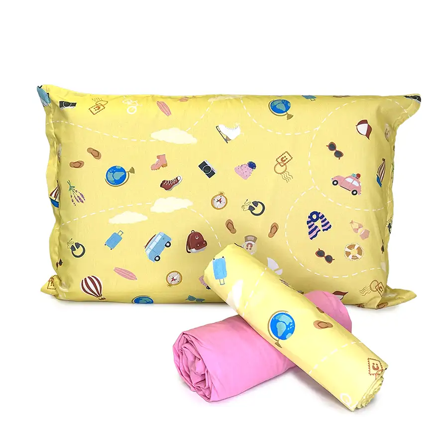 Jogo de Cama Viagem Amarelo com Lençol de Elástico Rosa Chiclete