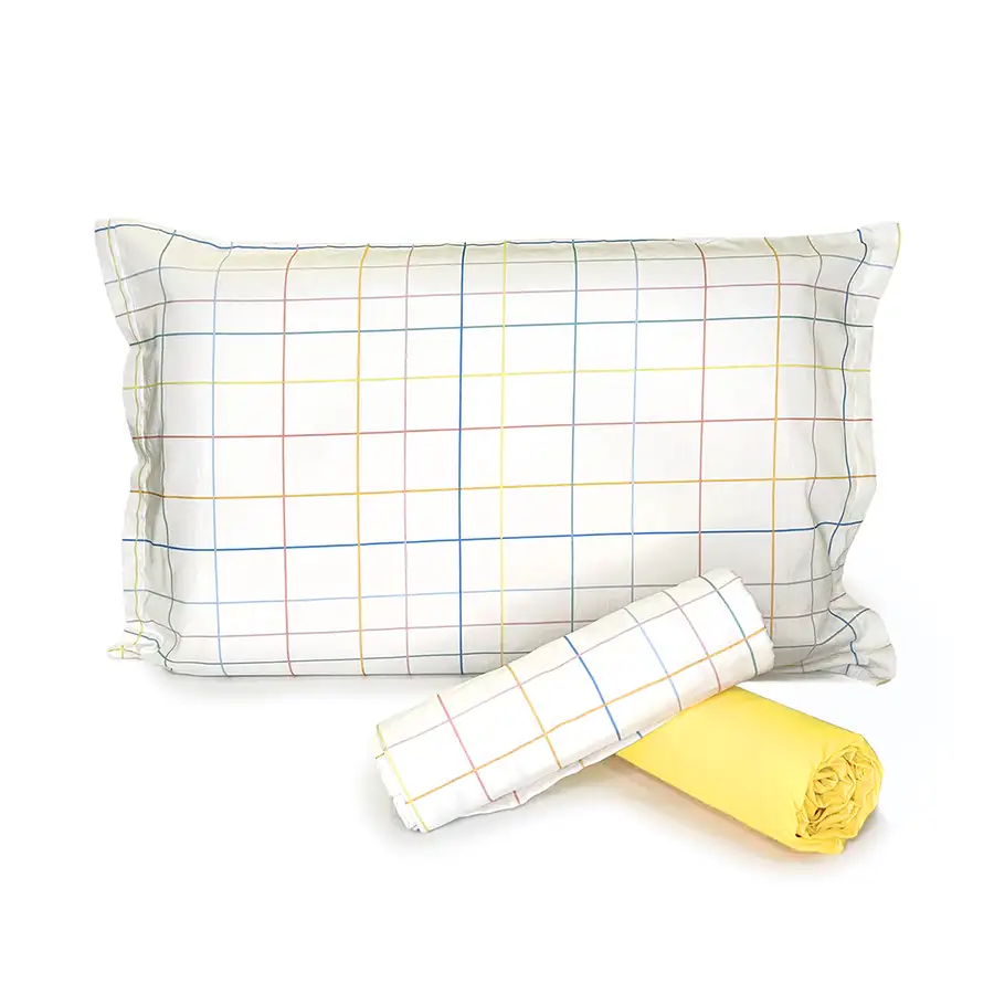 Jogo de Cama Xadrez Cores Pastéis com Lençol de Elástico Amarelo Claro