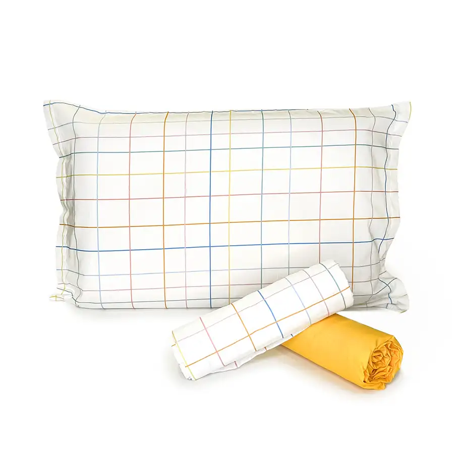 Jogo de Cama Xadrez Cores Pastéis com Lençol de Elástico Amarelo Ovo