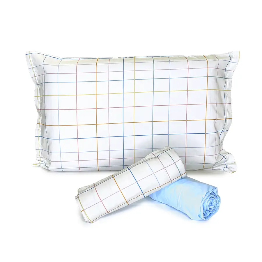 Jogo de Cama Xadrez Cores Pastéis com Lençol de Elástico Azul Claro