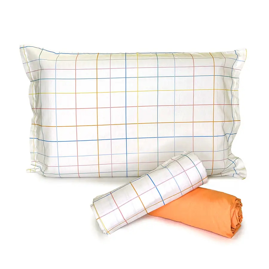 Jogo de Cama Xadrez Cores Pastéis com Lençol de Elástico Laranja Claro