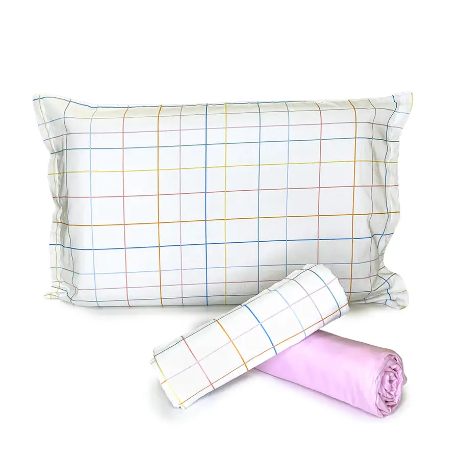 Jogo de Cama Xadrez Cores Pastéis com Lençol de Elástico Rosa Claro