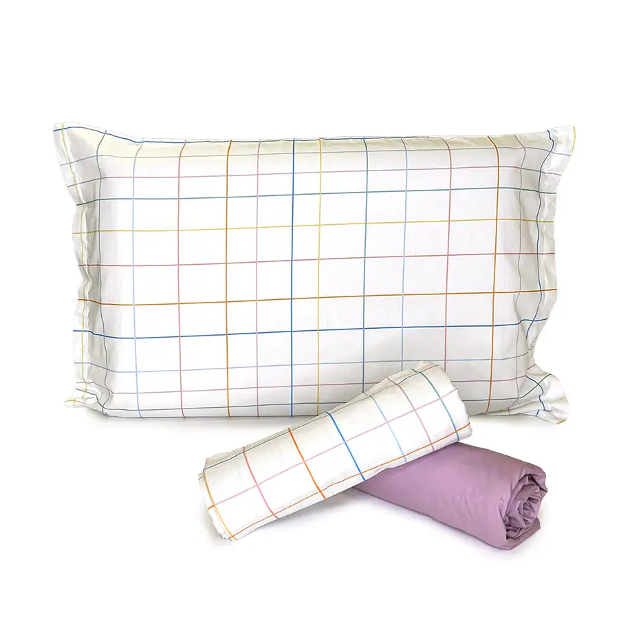 Jogo de Cama Xadrez Cores Pastéis com Lençol de Elástico Rosa Queimado