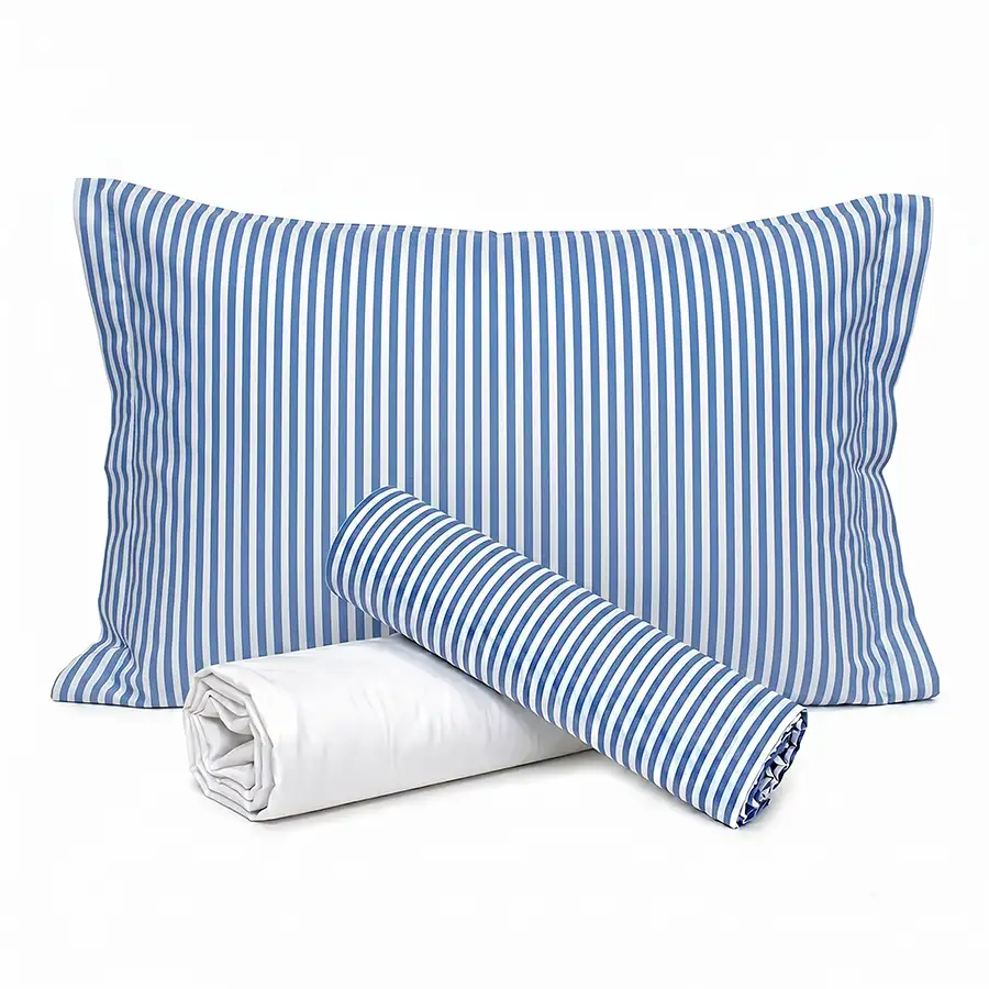 Jogo de Cama Listrado Azul com Lençol de Elástico Branco