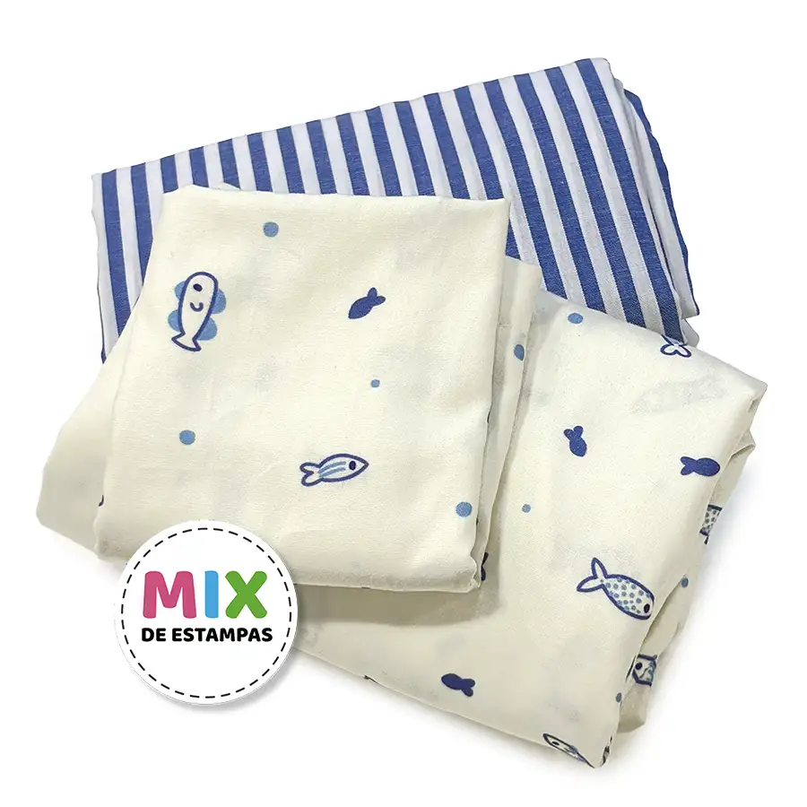 Jogo de Cama Peixinhos Lençol de Elástico Listrado Azul