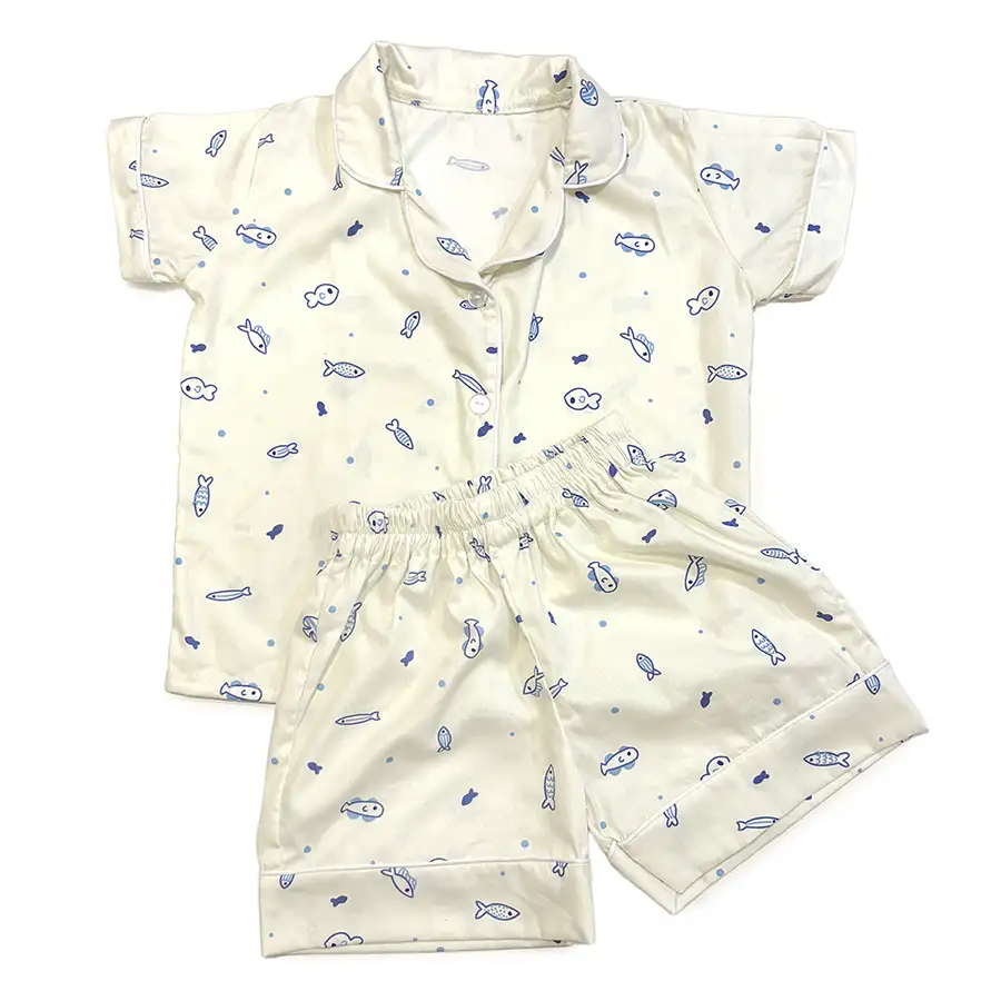Pijama Americano Curto Peixinhos Detalhes Branco