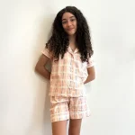 Pijama infantil feminino americano curto xadrez rosa menina