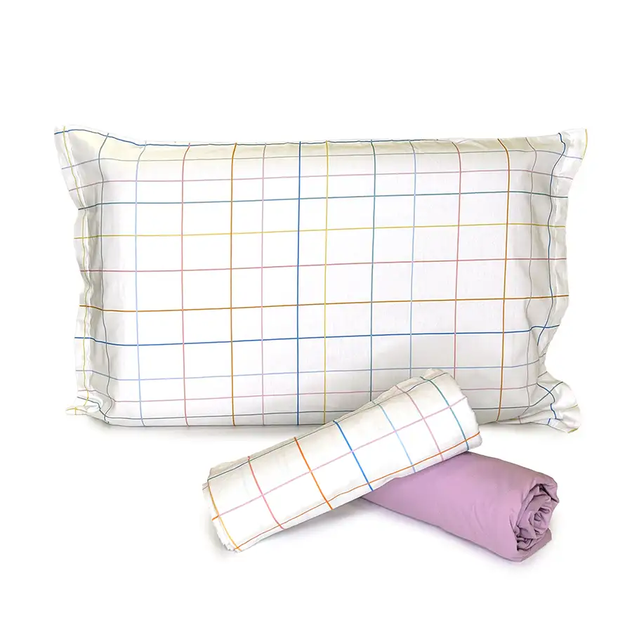 Jogo de Cama Xadrez Cores Pastéis com Lençol de Elástico Lilás