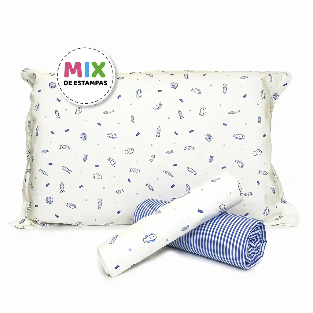 Jogo de Cama Peixinhos Lençol de Elástico Listrado Azul Royal
