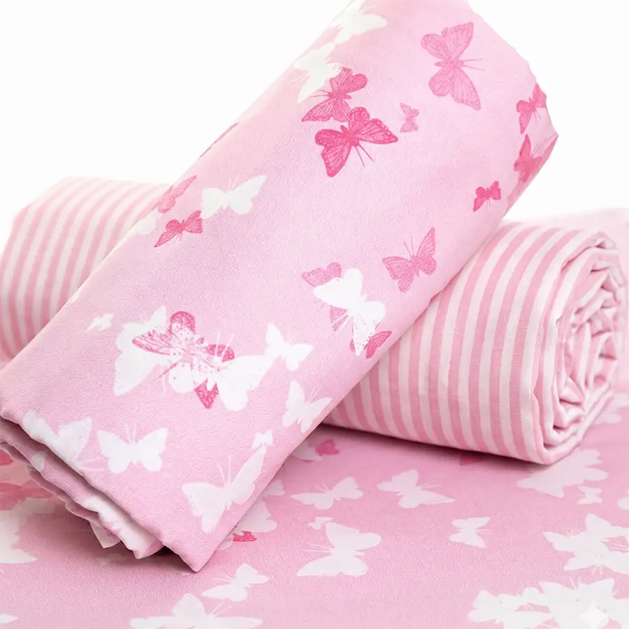 Jogo de cama Borboletas com lençol de elástico listrado rosa - mix de estampas