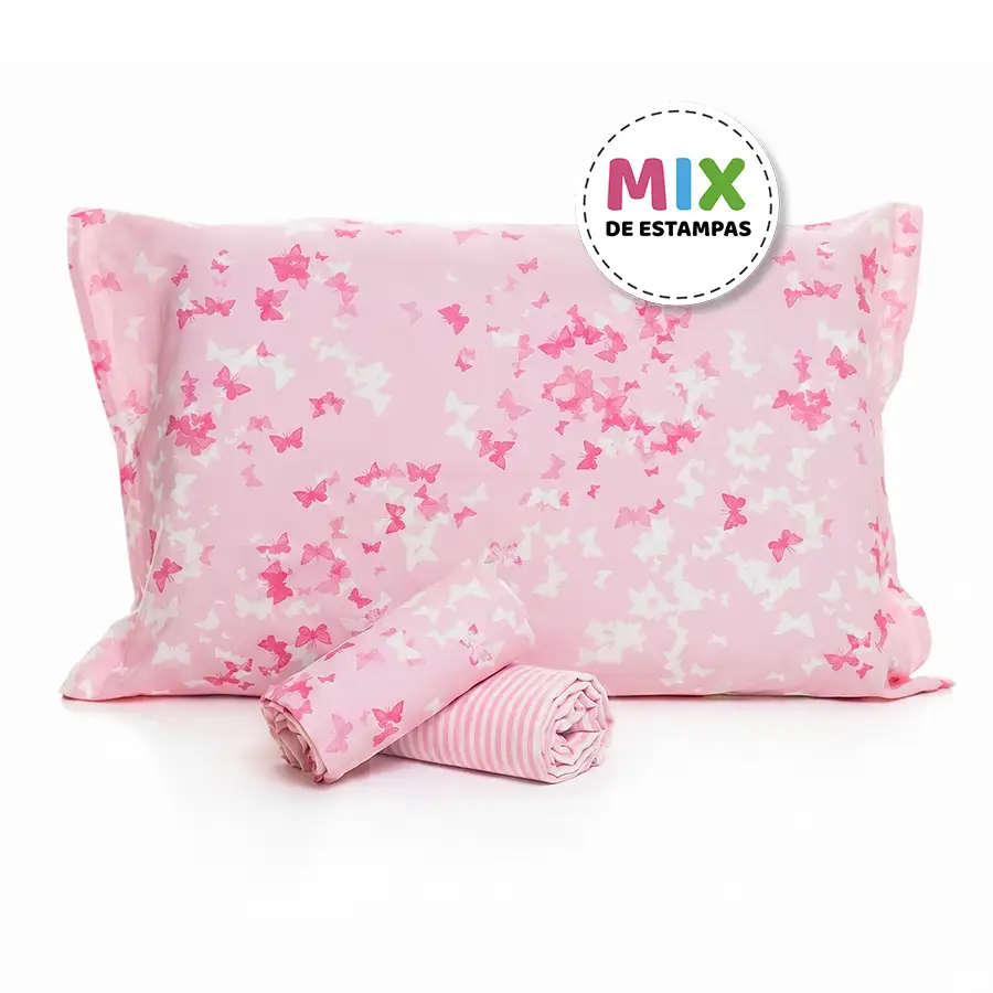 Jogo de Cama Borboletas com Lençol de Elástico Listrado Rosa