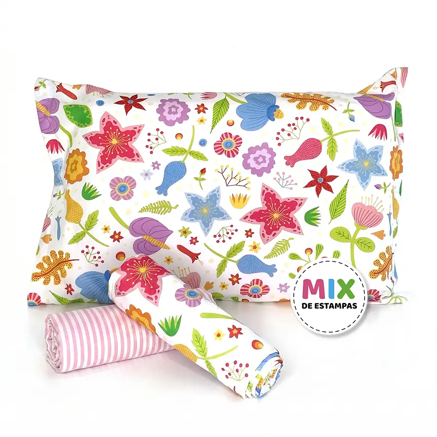 Jogo de Cama Floral com Lençol de Elástico Listrado Rosa