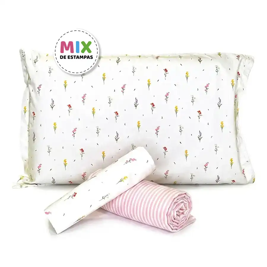 Jogo de Cama Florzinhas com Lençol de Elástico Listrado Rosa