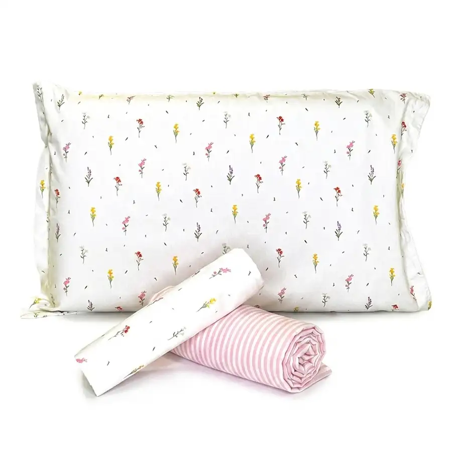 Jogo de Cama Florzinhas com Lençol de Elástico Listrado Rosa