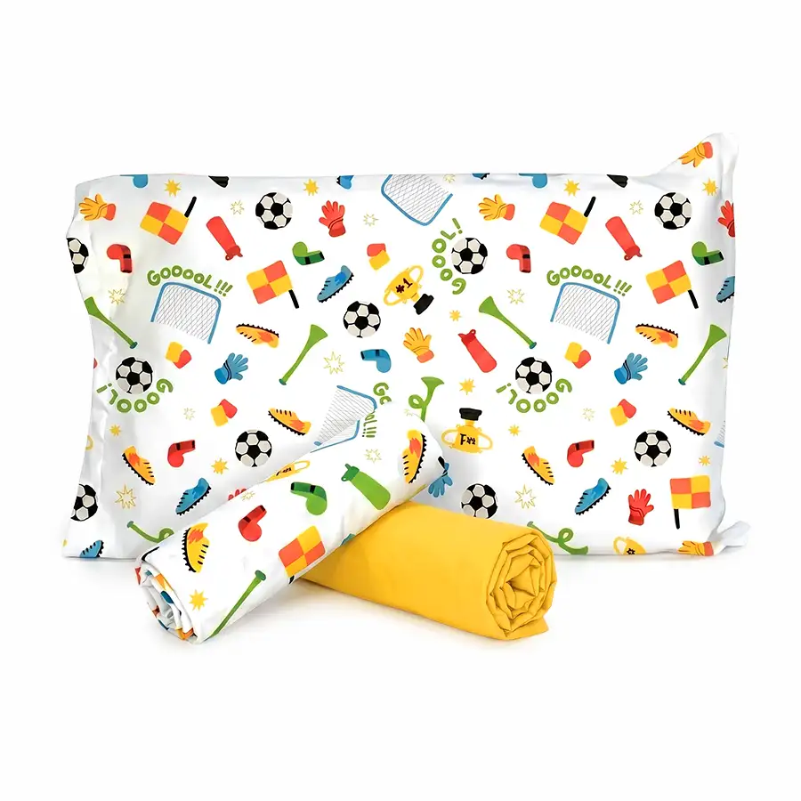 Jogo de Cama Futebol Branco com Lençol de Elástico Amarelo Ovo – Copa 2026