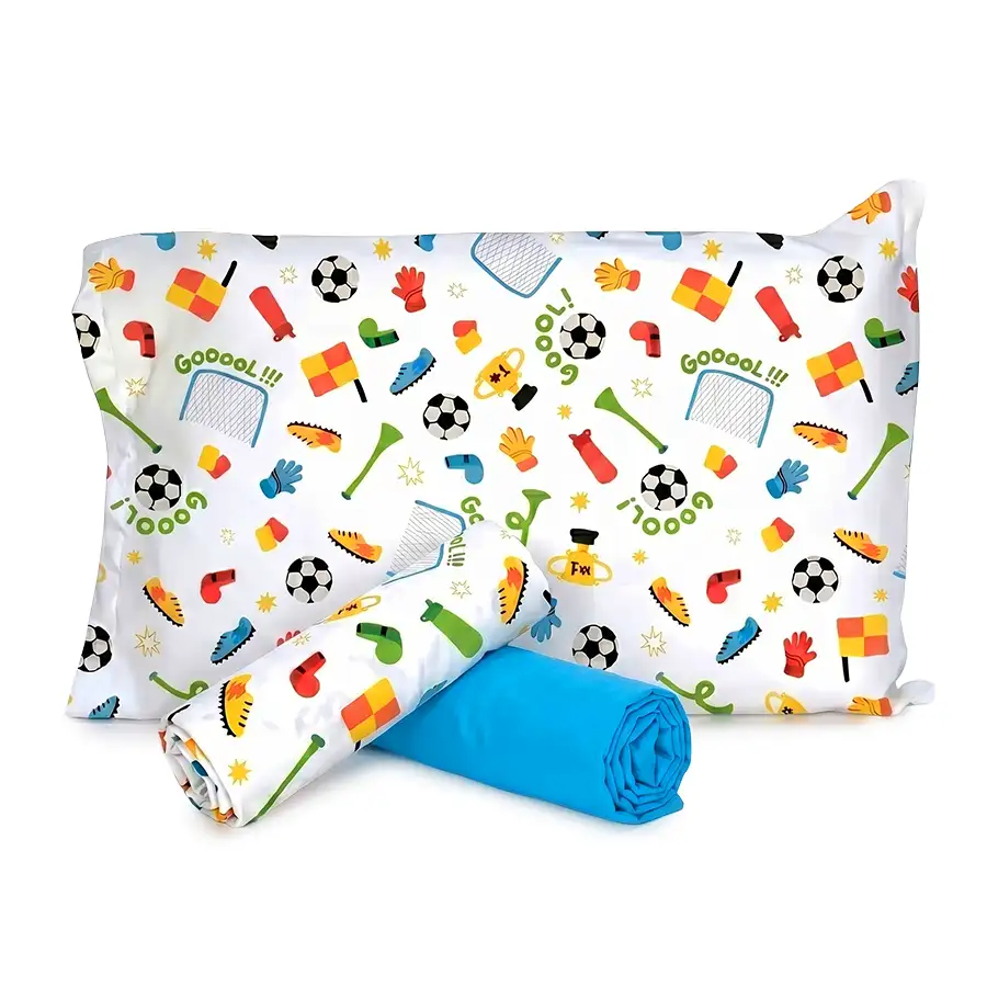 Jogo de Cama Futebol Branco com Lençol de Elástico Azul Piscina – Copa 2026