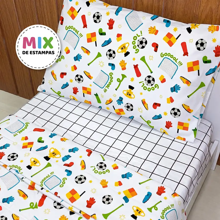 Jogo de Cama Futebol Branco com Lençol de Elástico Grid