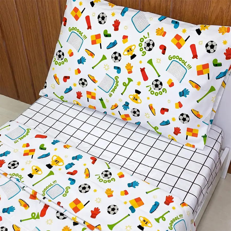 Jogo de Cama Futebol Branco com Lençol de Elástico Grid – Copa 2026