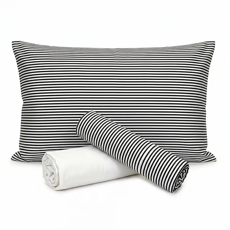 Jogo de Cama Listrado Preto com Lençol de Elástico Branco