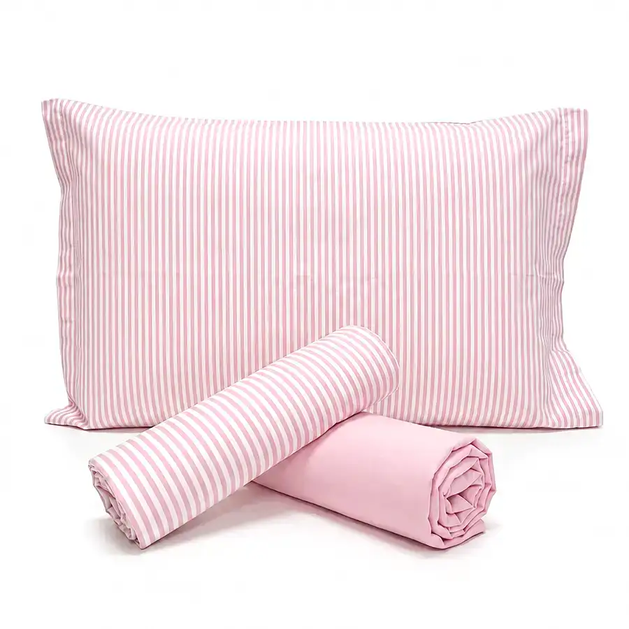 Jogo de Cama Listrado Rosa com Lençol de Elástico Rosa Claro