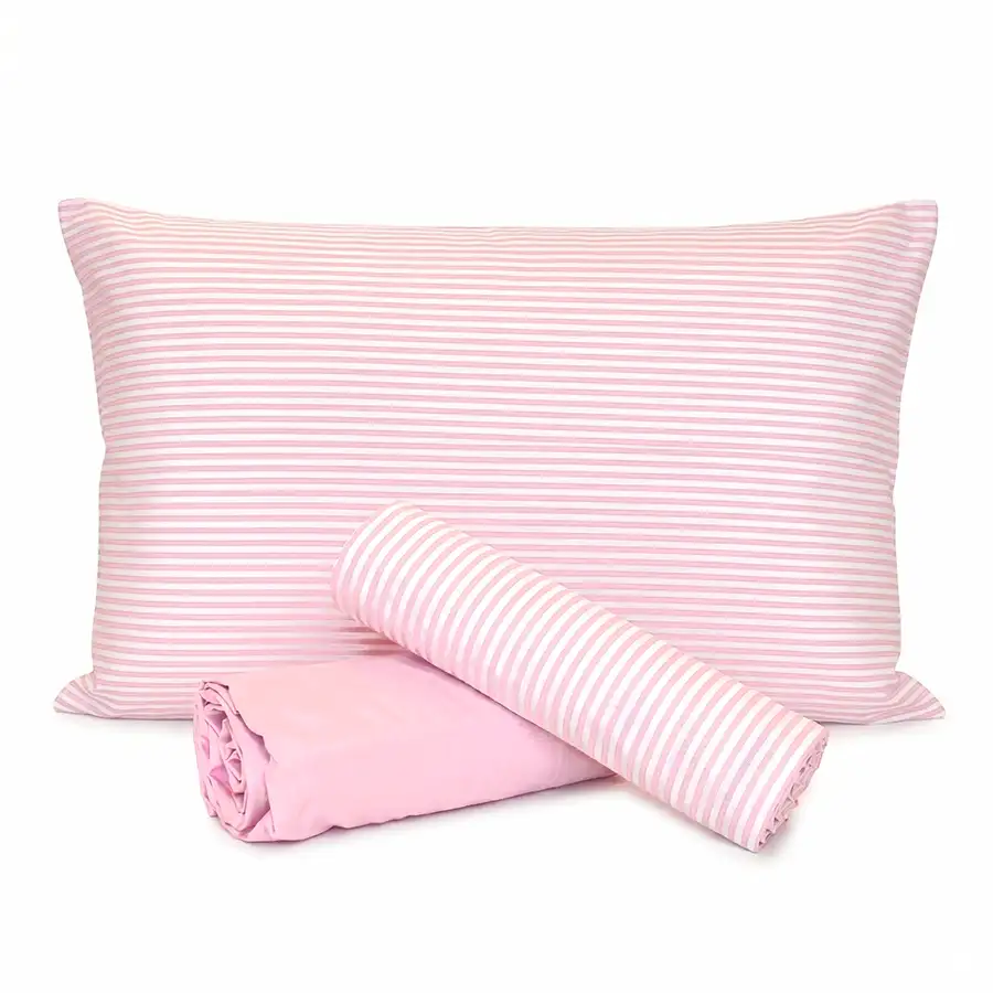 Jogo de Cama Listrado Rosa com Lençol de Elástico Rosa Claro