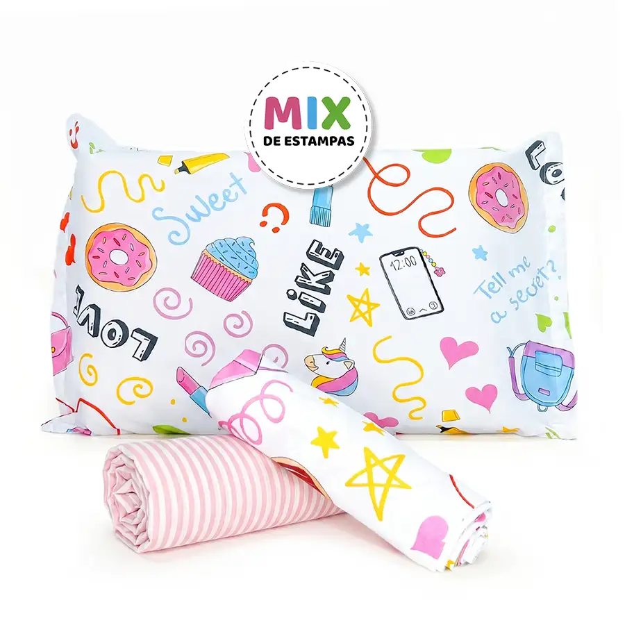 Jogo de Cama Sweet com Lençol de Elástico Listrado Rosa