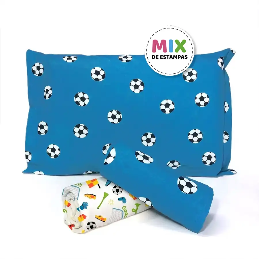 Jogo de Cama Bolas Azul com Lençol de Elástico Futebol Branco – Copa 2026