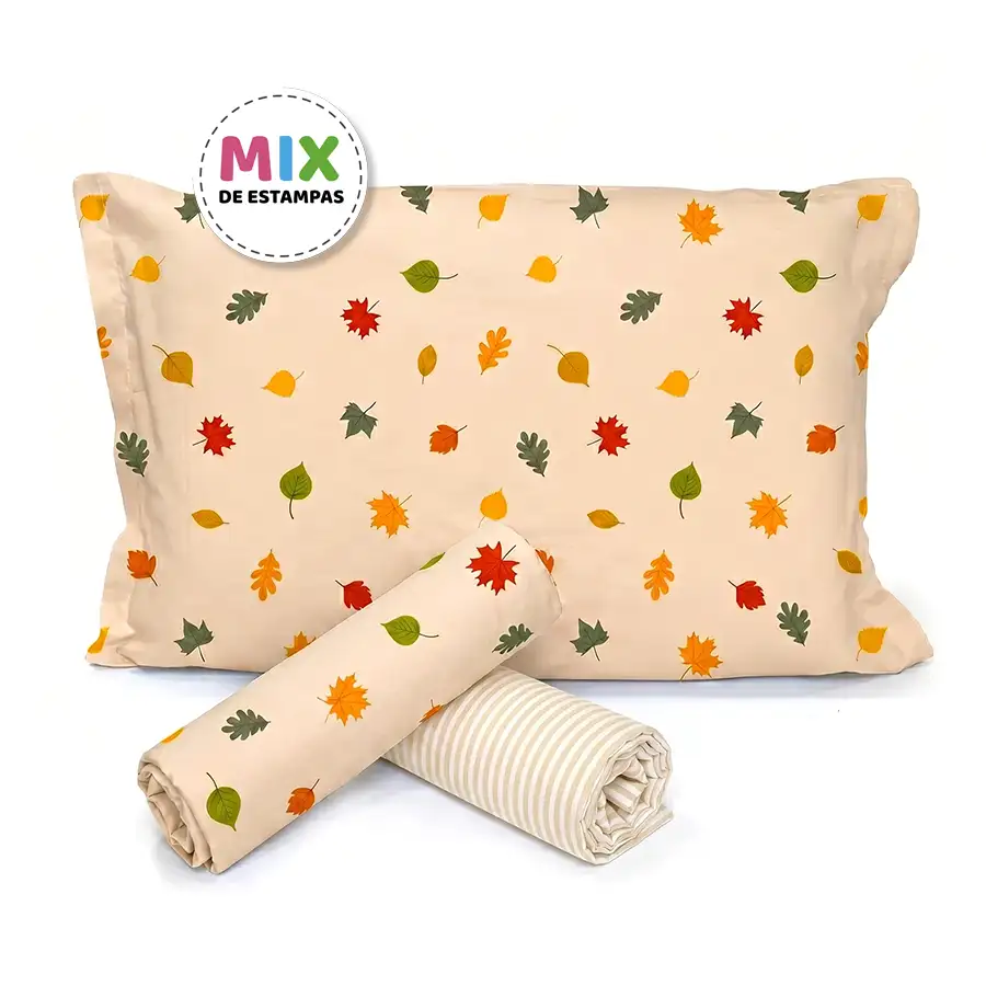 Jogo de Cama Folhas do Bosque com Lençol de Elástico Listrado Creme