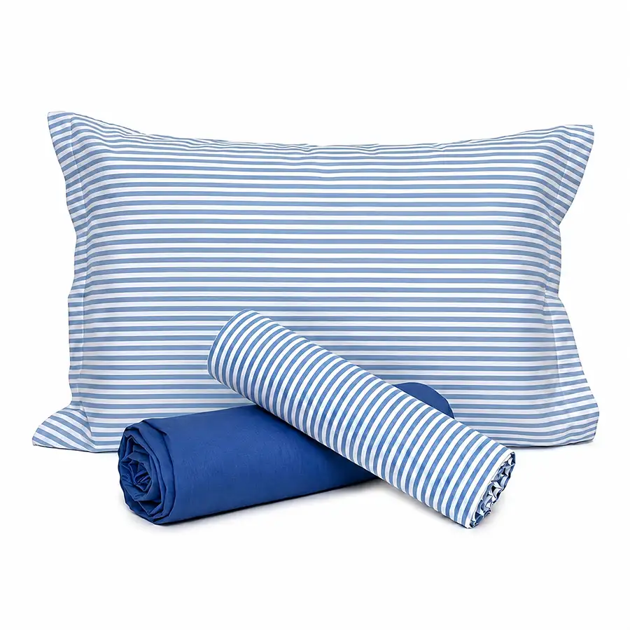 Jogo de Cama Listrado Azul com Lençol de Elástico Azul Celeste