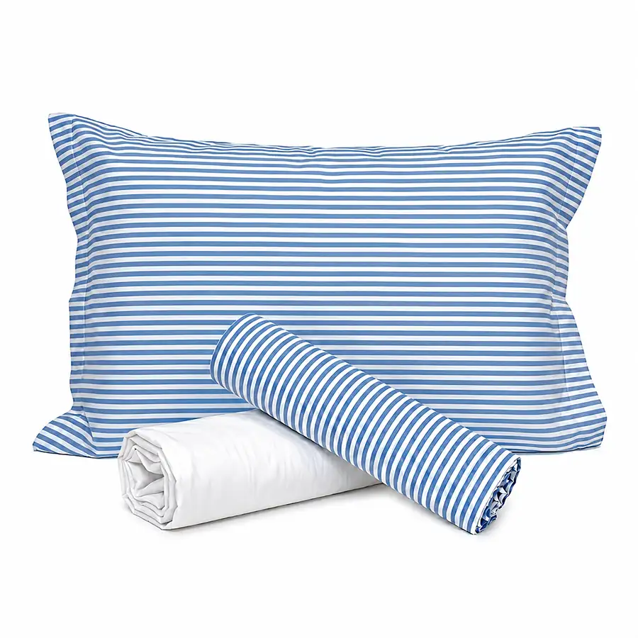 Jogo de Cama Listrado Azul com Lençol de Elástico Branco