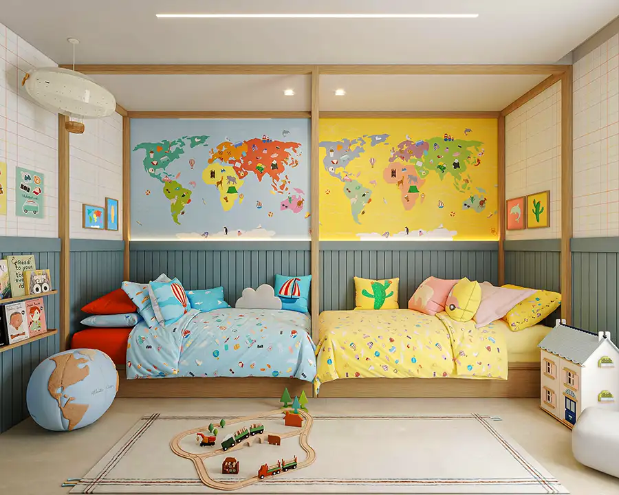 Quarto compartilhado menino e menina tema volta ao mundo