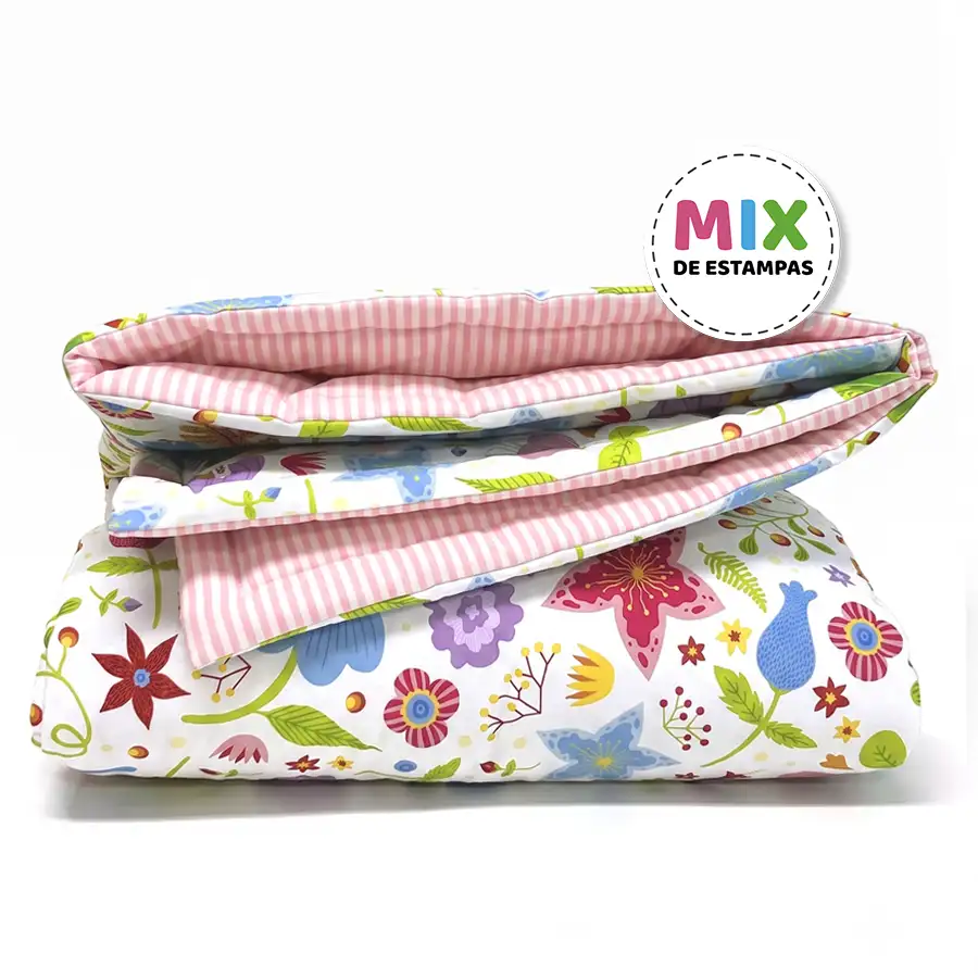 Edredom Floral com Verso Listrado Rosa