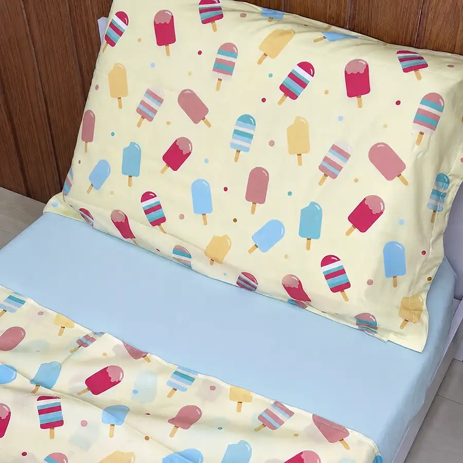 Jogo de Cama Picolés Amarelo com Lençol de Elástico Azul Claro