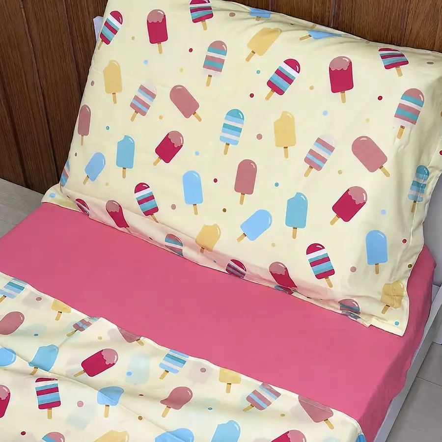 Jogo de Cama Picolés Amarelo com Lençol de Elástico Rosa Goiaba