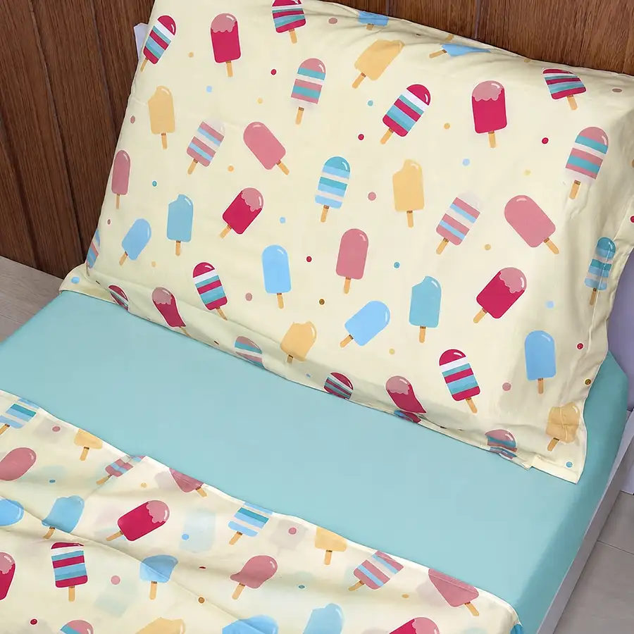 Jogo de Cama Picolés Amarelo com Lençol de Elástico Verde Água