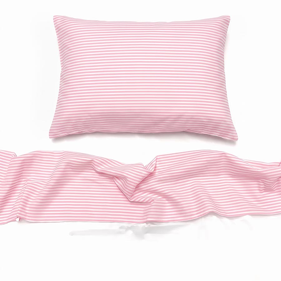 Jogo de Cama Listrado Rosa e Branco – 3 peças – Vira estampada