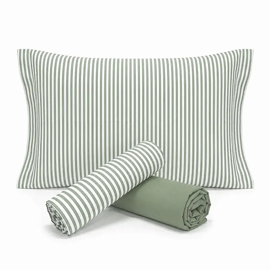 Jogo de Cama Listrado Verde com Lençol de Elástico Chá Verde