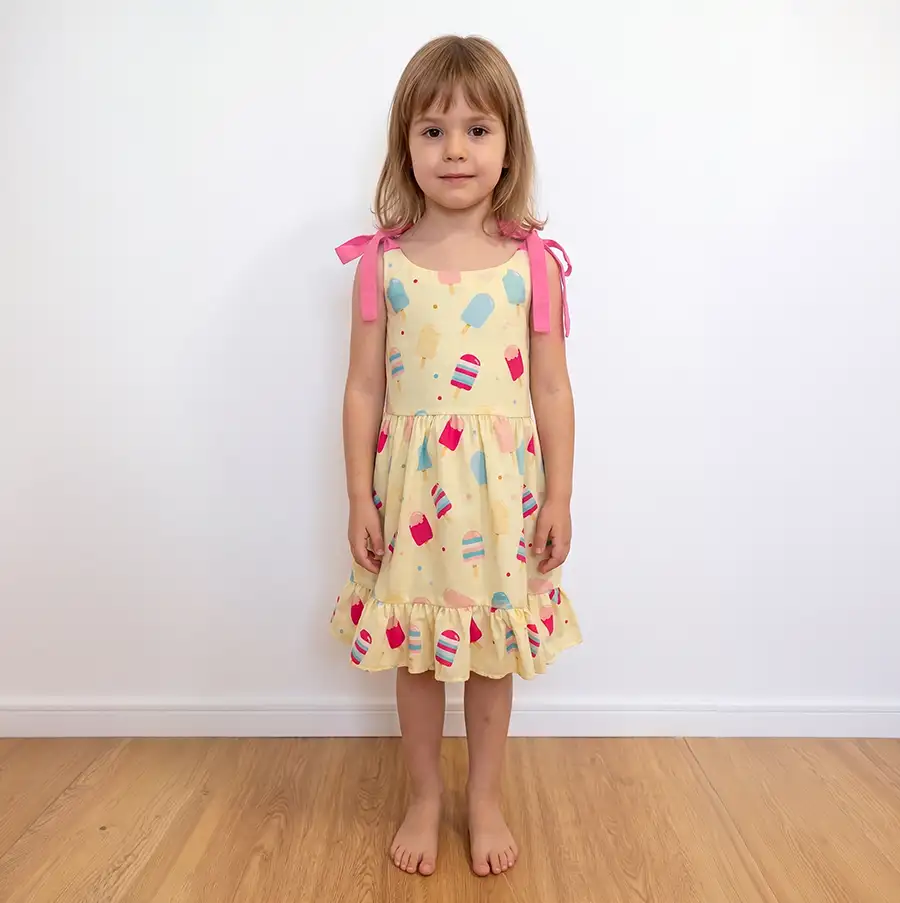 Vestido Infantil Picolés Amarelo com Laço Ajustável Rosa Chiclete