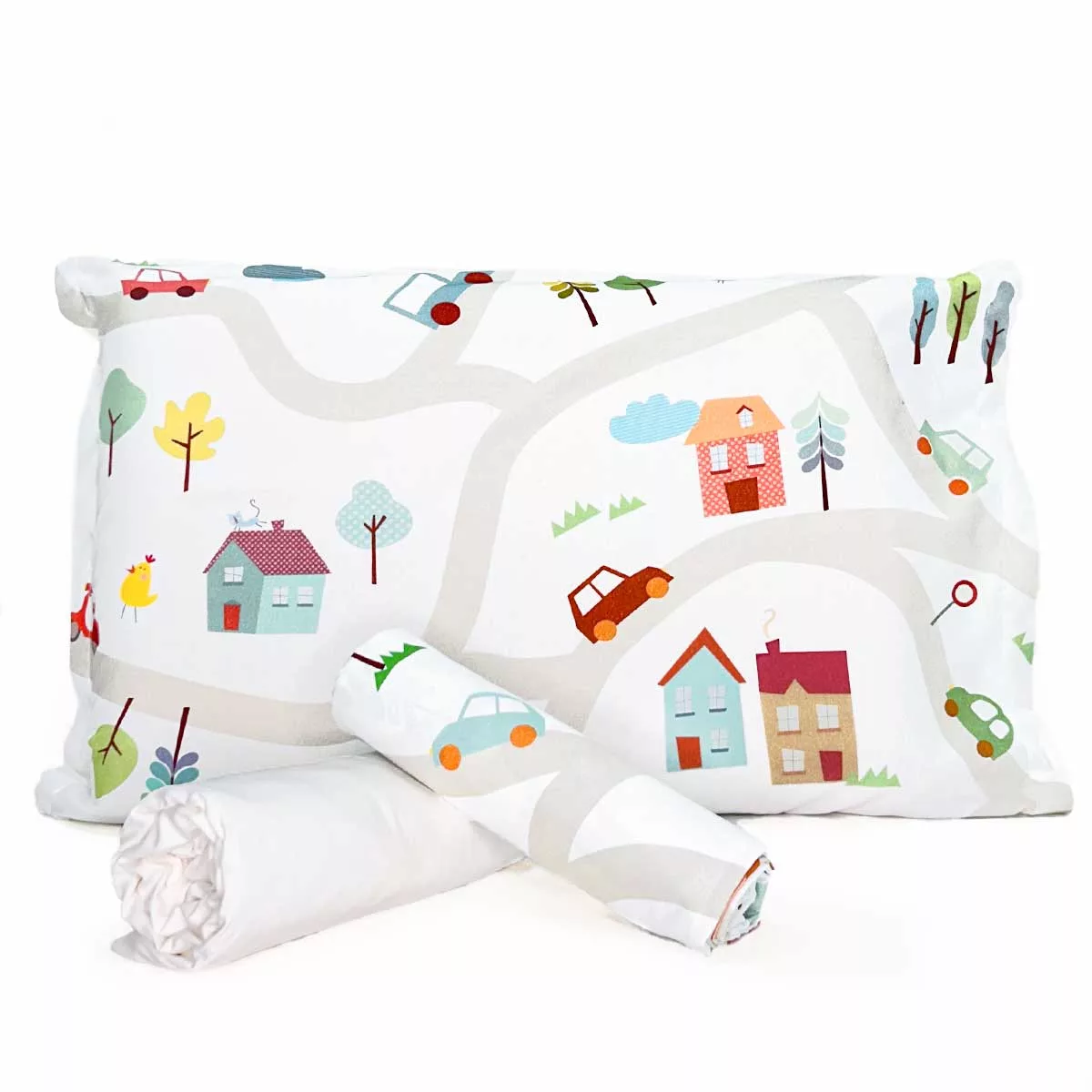 Jogo de Cama Carrinhos com Lençol de Elástico Off White