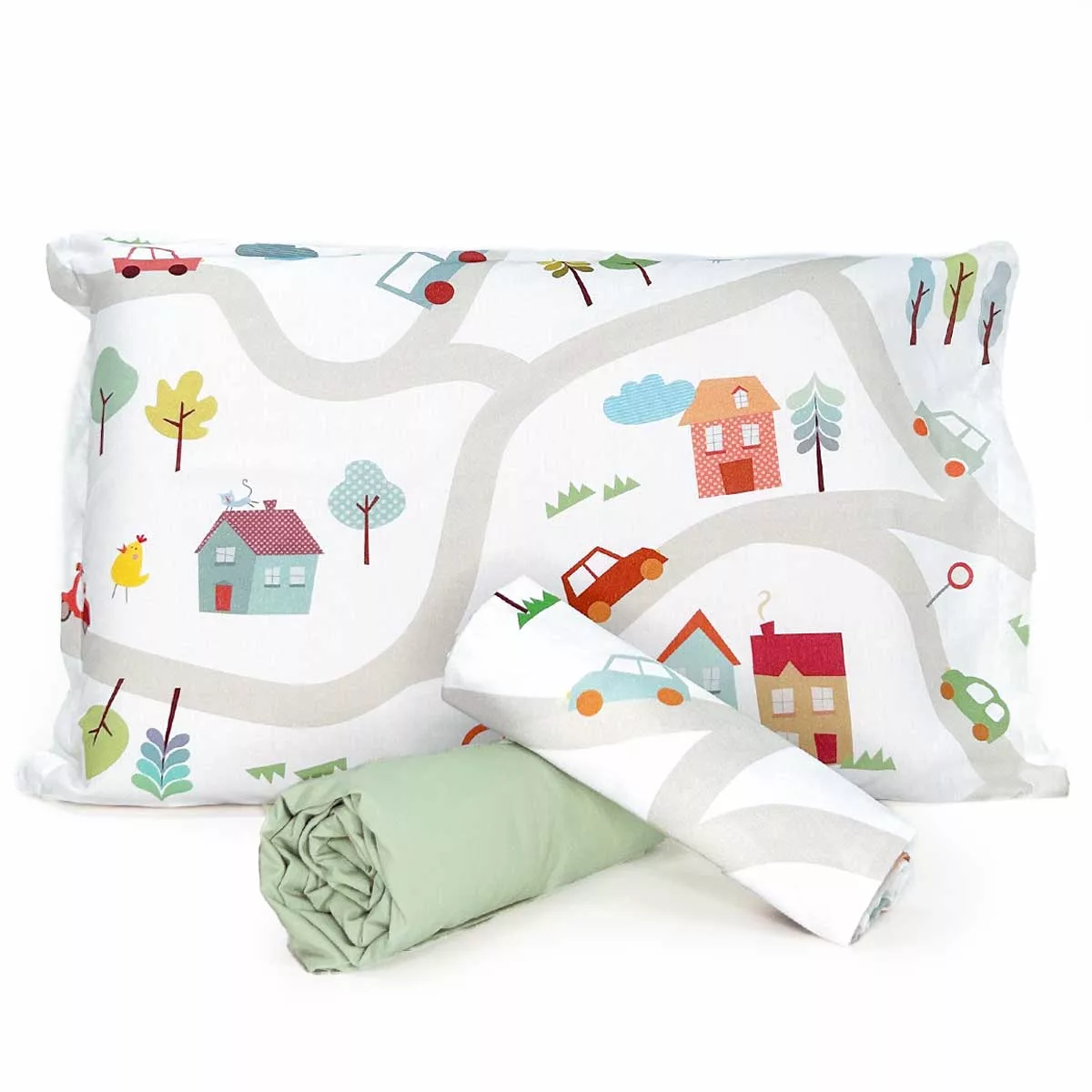 Jogo de Cama Carrinhos com Lençol de Elástico Verde Pistache