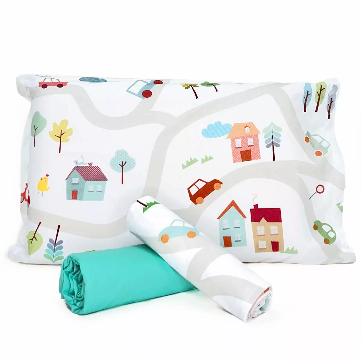 Jogo de Cama Carrinhos com Lençol de Elástico Verde Tiffany