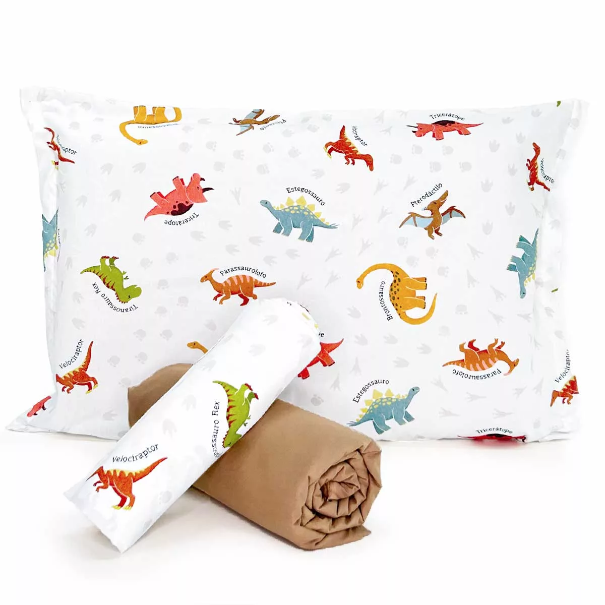 Jogo de Cama Dinossauros com Lençol de Elástico Caqui