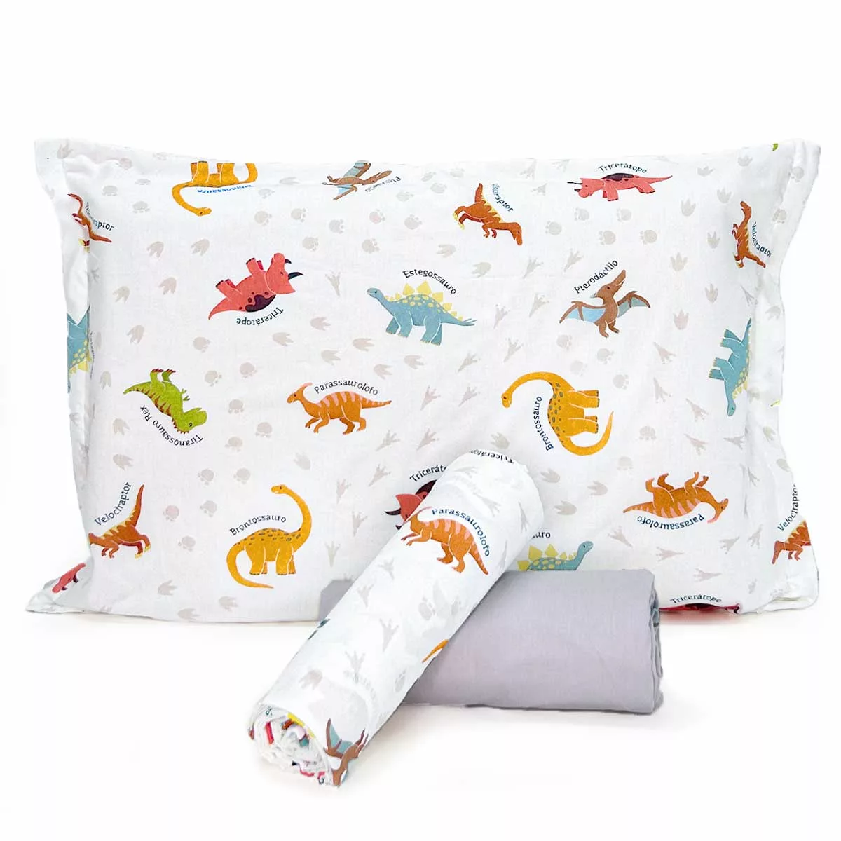 Jogo de Cama Dinossauros com Lençol de Elástico Cinza