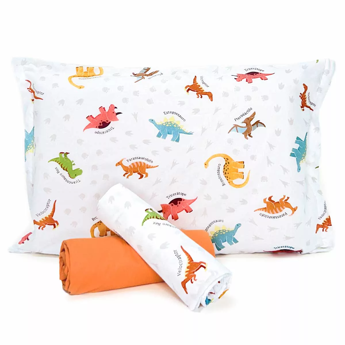 Jogo de Cama Dinossauros com Lençol de Elástico Laranja Claro