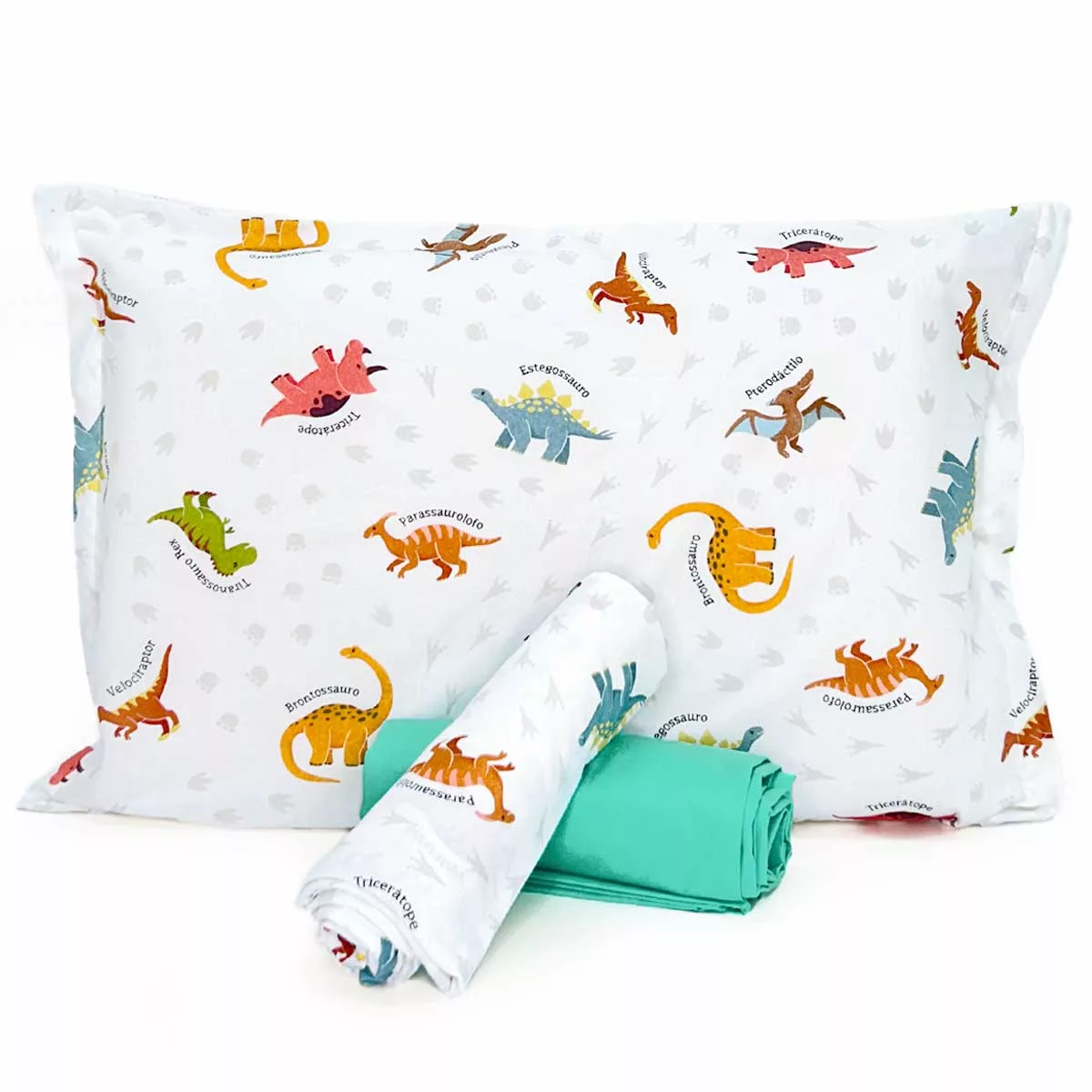 Jogo de Cama Dinossauros com Lençol de Elástico Verde Tiffany