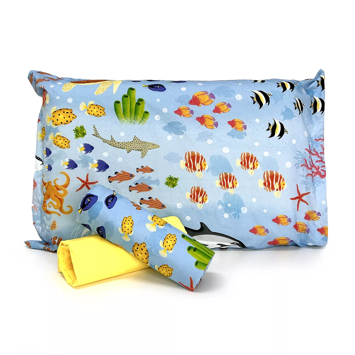 Jogo de cama fundo do mar com elástico amarelo claro