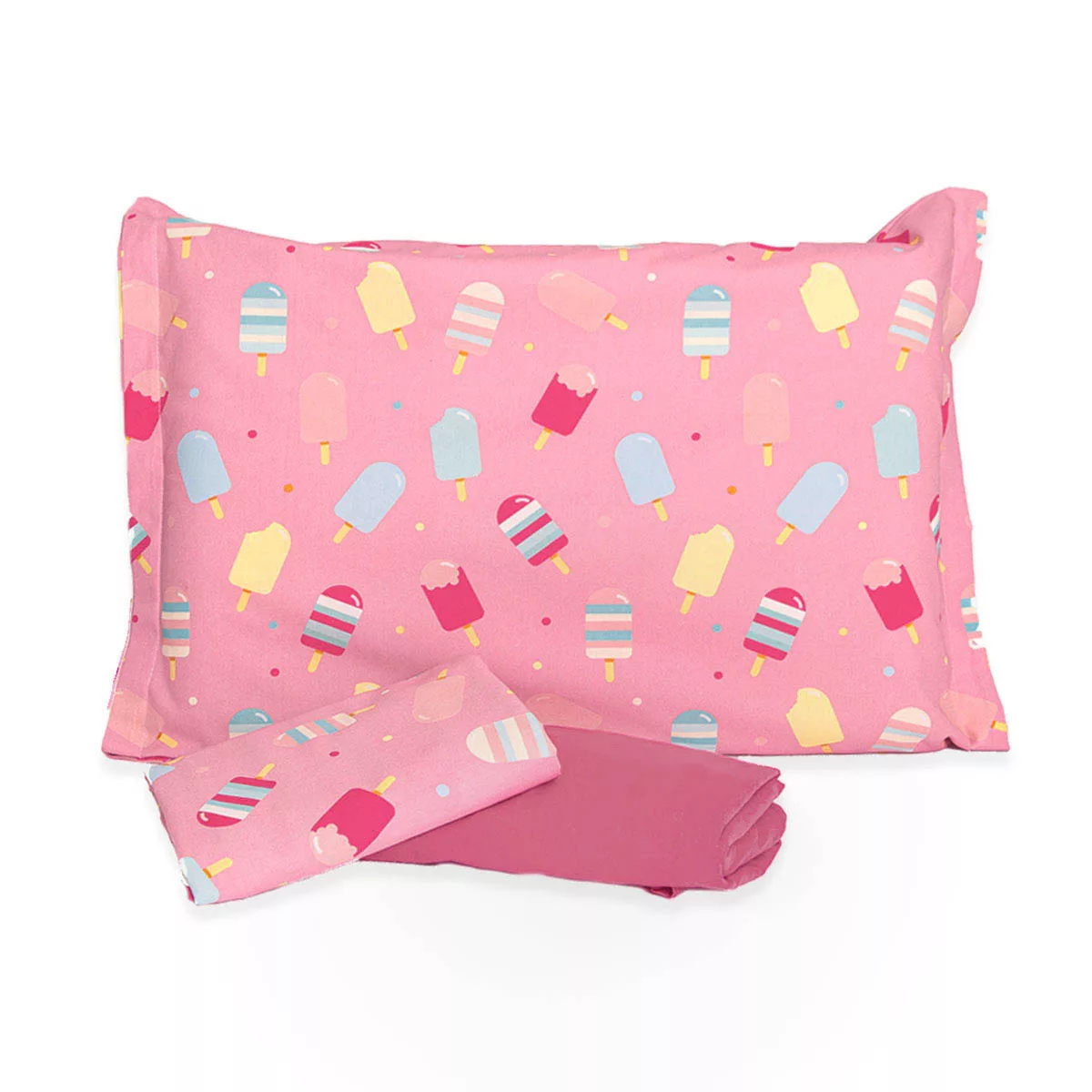 Jogo de Cama Picolés Rosa com Lençol de Elástico Rosa Goiaba
