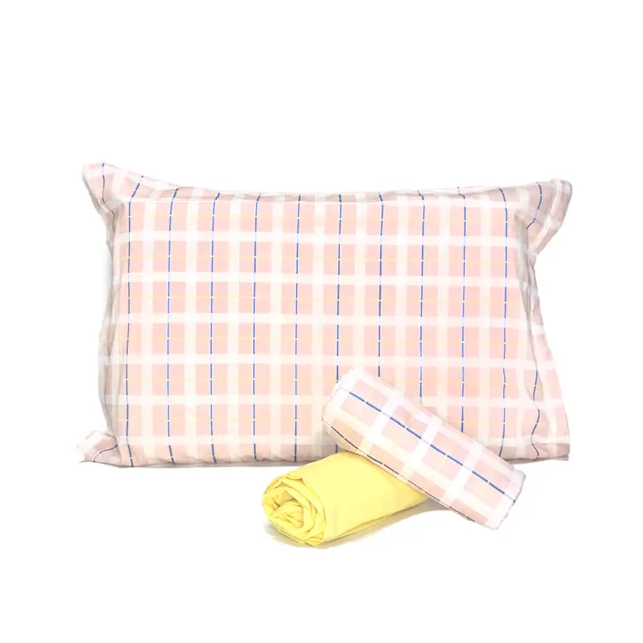 Jogo de Cama Xadrez Rosa e Azul com Lençol de Elástico Amarelo Claro