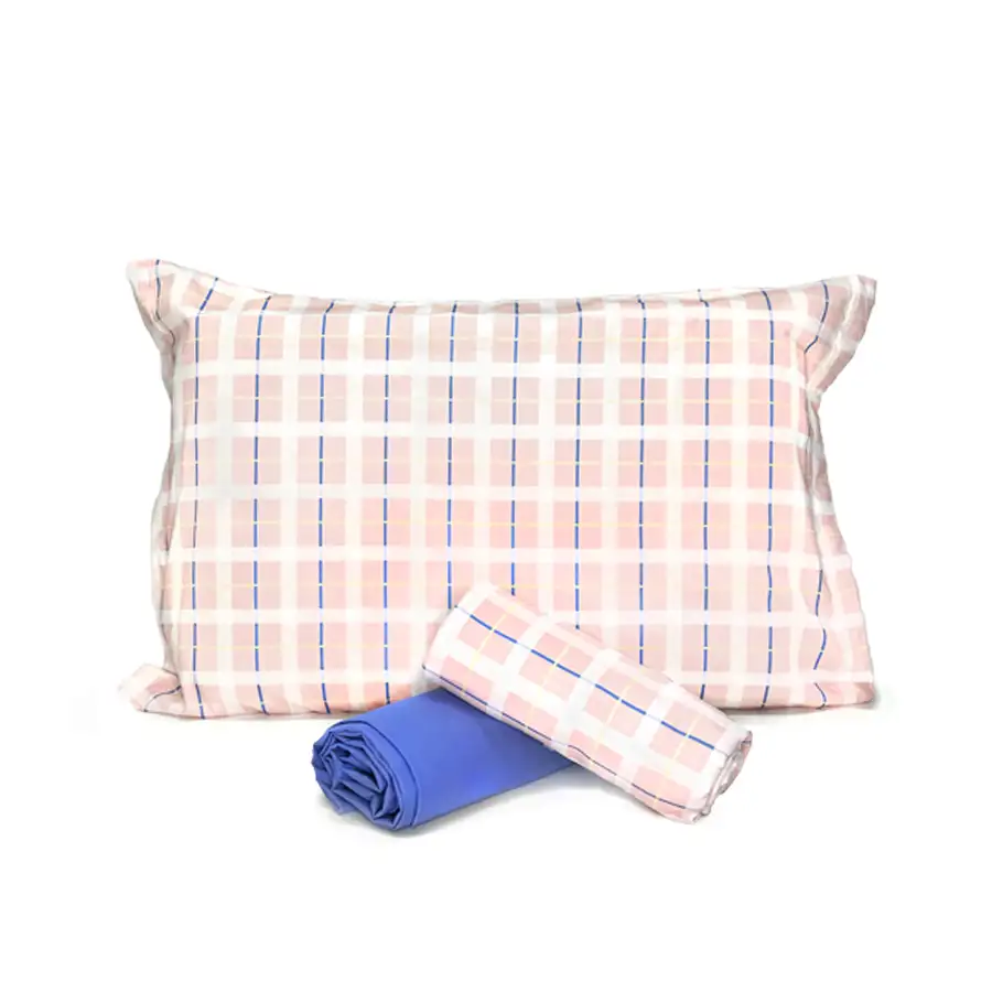 Jogo de Cama Xadrez Rosa e Azul com Lençol de Elástico Azul Royal